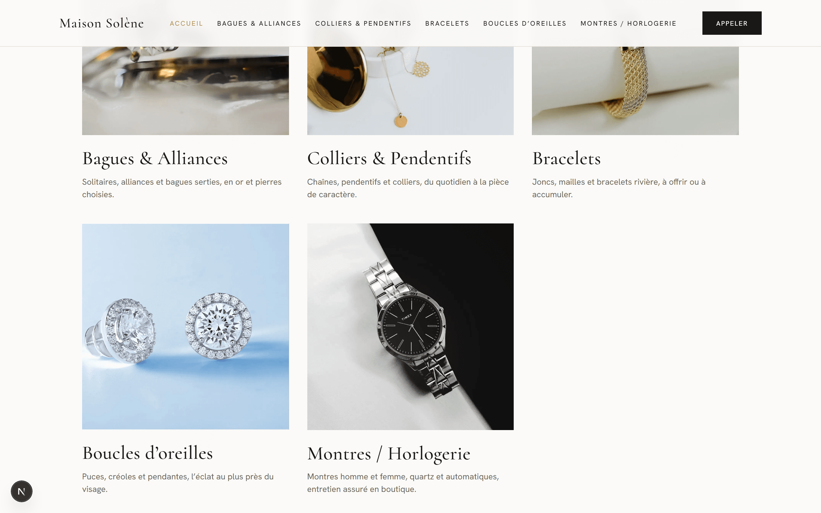 Site bijouterie — version ordinateur